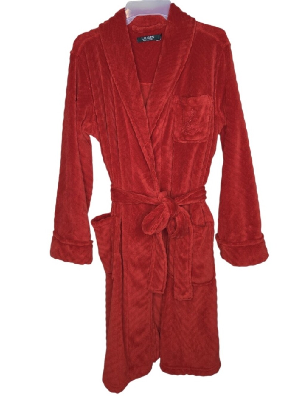 Lauren Ralph Lauren Red Herringbone Pattern Plush Velour Wrap Robe Size M